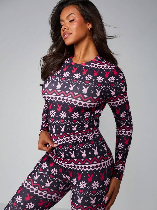 Missguided X Playboy Fairisle Printed Long Sleeve Pajama Set