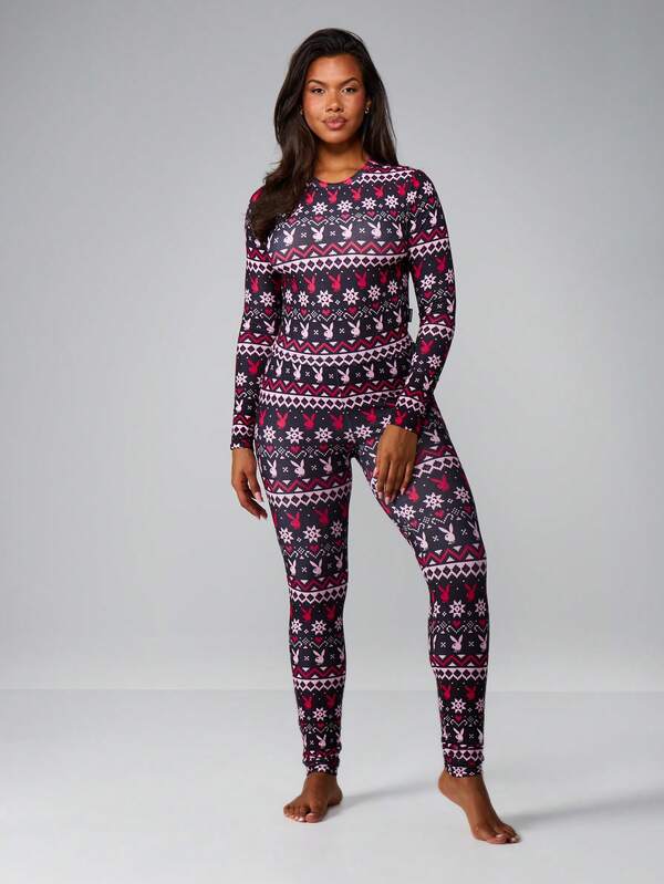 Missguided x Playboy Fairisle Printed Long Sleeve Pajama Set