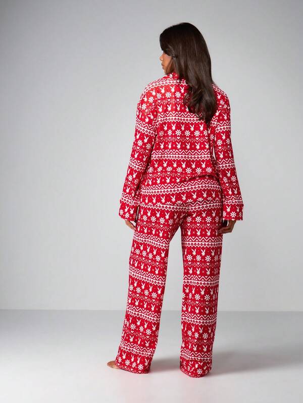 Missguided X Playboy Fairisle Printed Pajama Set With Long Sleeves