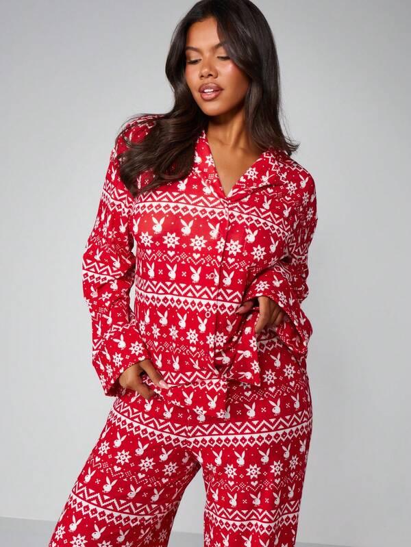Missguided X Playboy Fairisle Printed Pajama Set With Long Sleeves