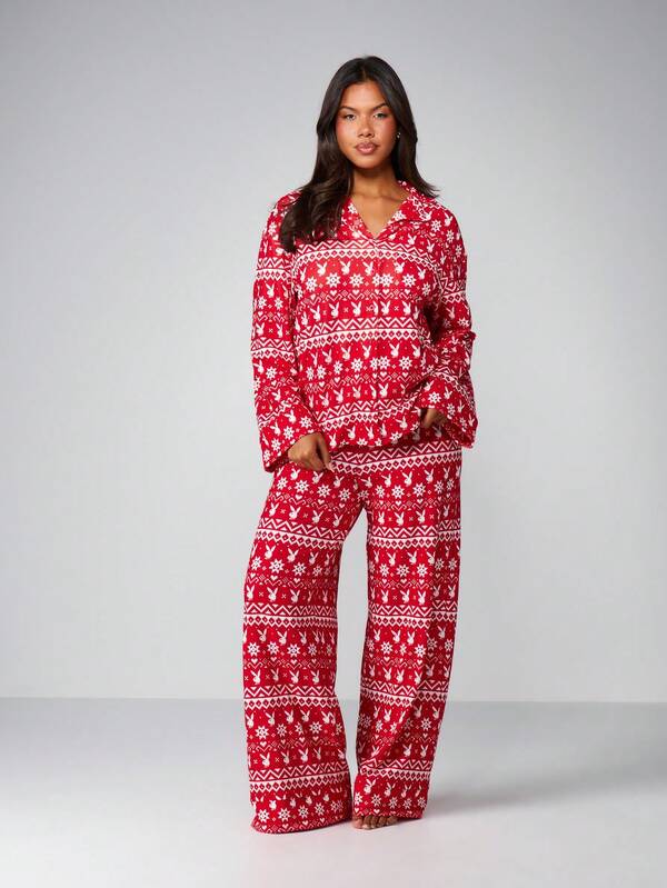 Missguided X Playboy Fairisle Printed Pajama Set With Long Sleeves