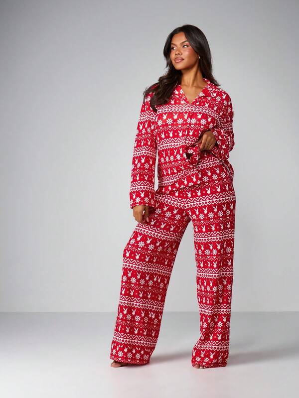 Missguided x Playboy Fairisle Printed Pajama Set With Long Sleeves