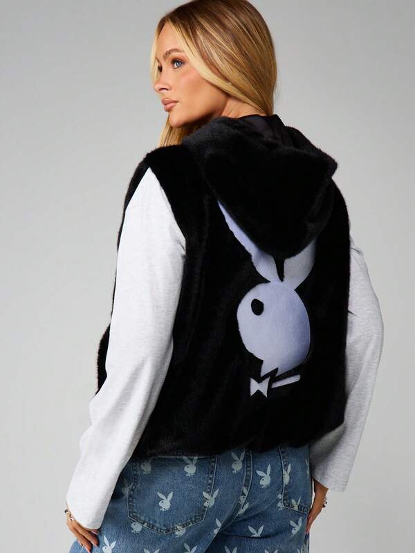 Missguided x Playboy Faux Fur Hooded Gilet With Logo