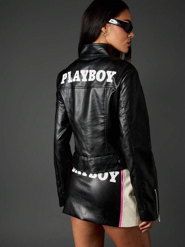 Missguided X Playboy Faux Leather Moto Jacket With Racing Stripes And Logo