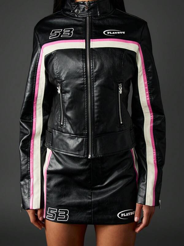 Missguided X Playboy Faux Leather Moto Jacket With Racing Stripes And Logo