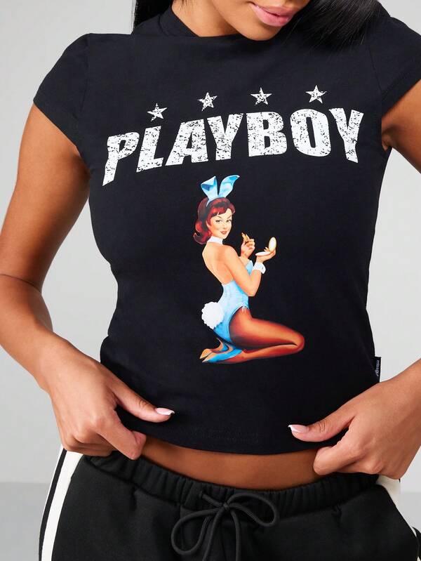 Missguided x Playboy Fitted Baby Tee With Pin Up Girl Print
