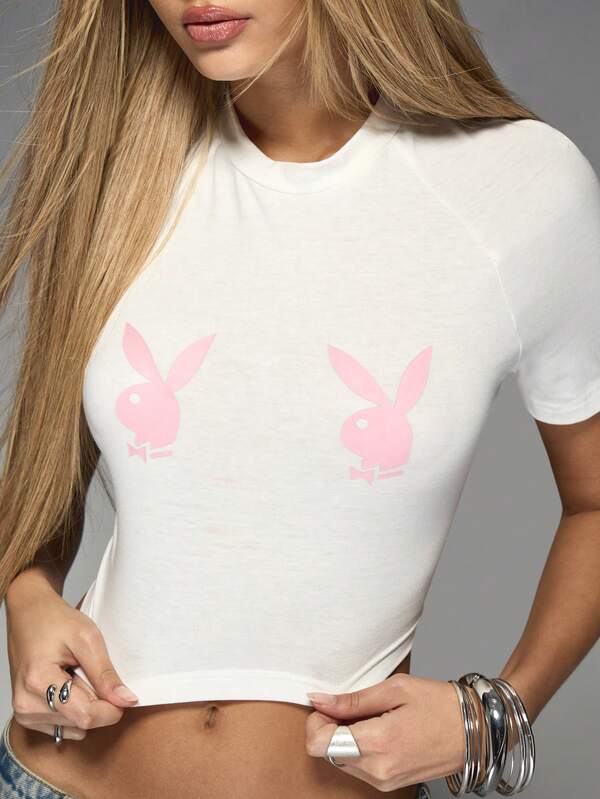 Missguided X Playboy Fitted Bunny Logo Crop T Shirt With Ringer Design