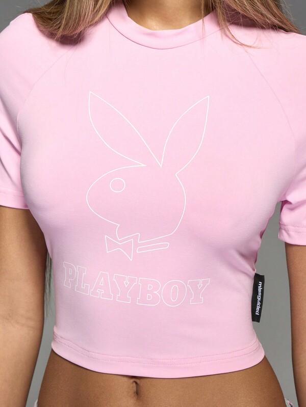 Missguided X Playboy Fitted Crop Top With Short Sleeves And Logo