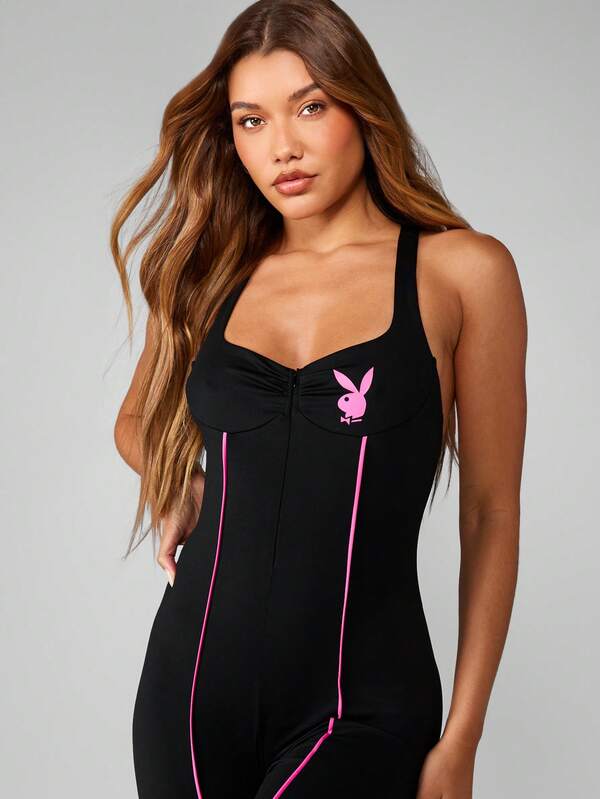 Missguided X Playboy Fitted Cross Back Full Length Jumpsuit With Bunny Logo
