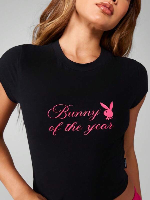 Missguided X Playboy Fitted Graphic Baby Tee With Script Print