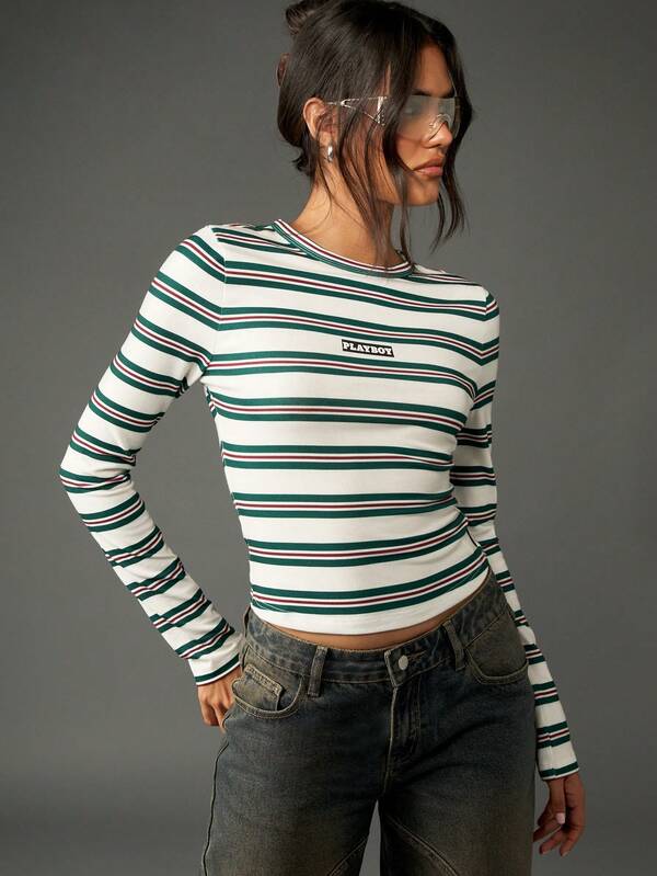 Missguided X Playboy Fitted Long Sleeve Striped Crew Neck Top