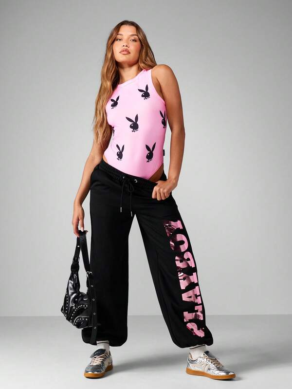 Missguided X Playboy Fitted Racerback Bodysuit With Bunny Print