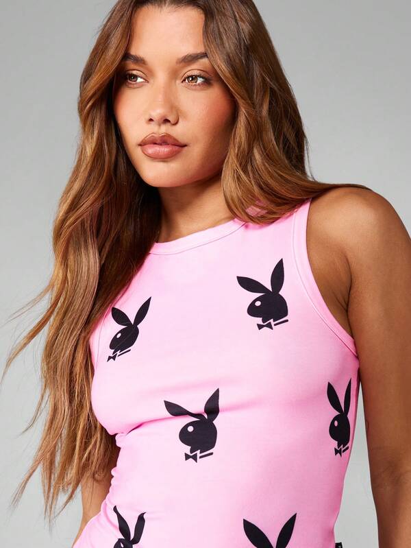 Missguided X Playboy Fitted Racerback Bodysuit With Bunny Print