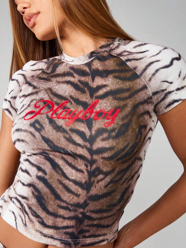Missguided x Playboy Fitted Tiger Print Crop T-Shirt With Raglan Sleeves