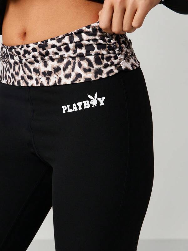Missguided X Playboy Flared Yoga Pants With Leopard Print Detail