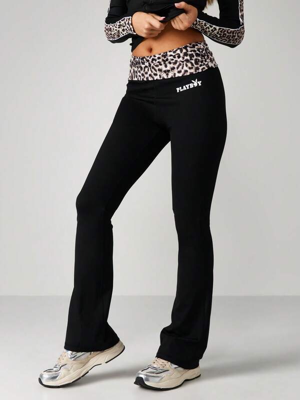 Missguided x Playboy Flared Yoga Pants With Leopard Print Detail