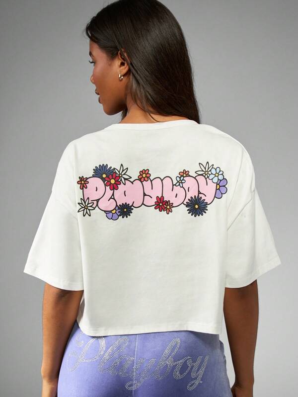 Missguided X Playboy Floral Graphic Butterfly Print Cropped Cotton Casual T-Shirt