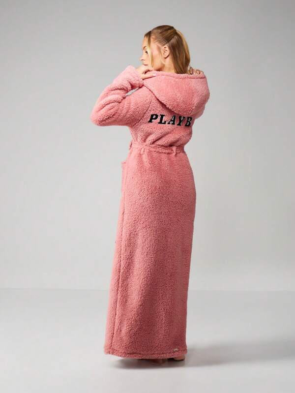 Missguided X Playboy Fluffy Hooded Bathrobe With Logo Pockets