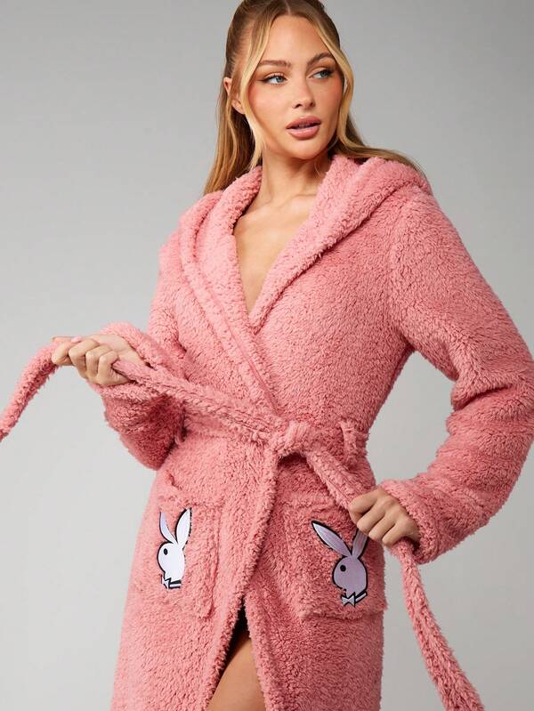 Missguided X Playboy Fluffy Hooded Bathrobe With Logo Pockets