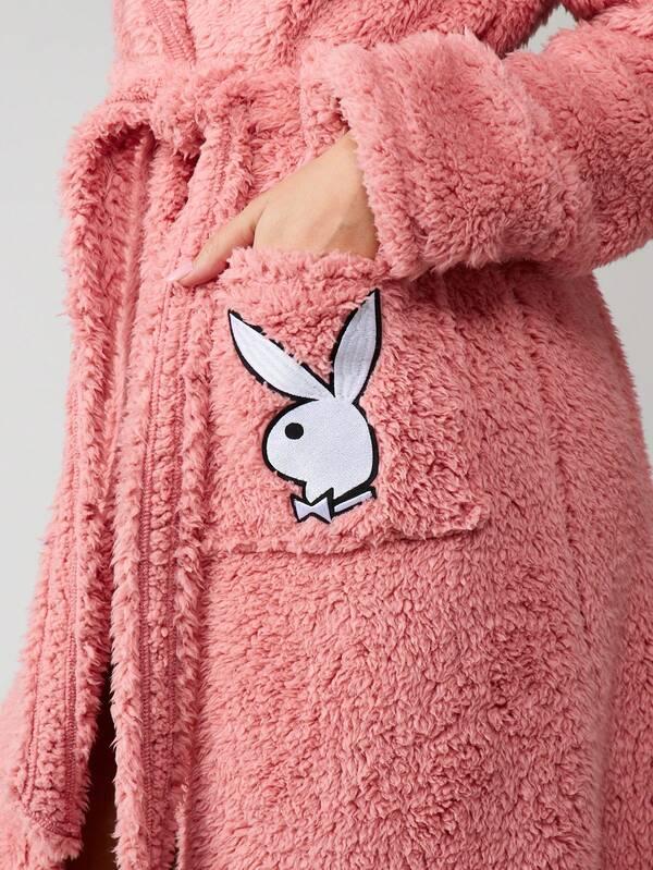 Missguided X Playboy Fluffy Hooded Bathrobe With Logo Pockets