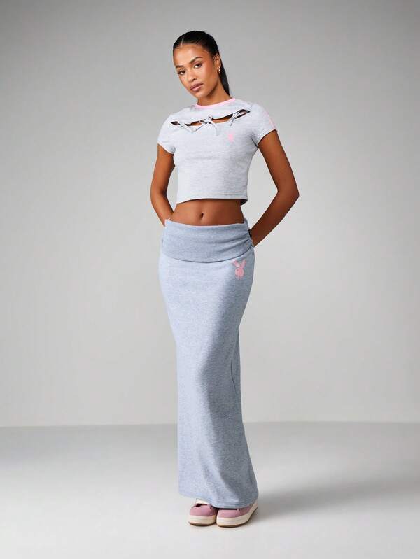 Missguided X Playboy Fold Over Waistband Maxi Skirt With Bunny Logo