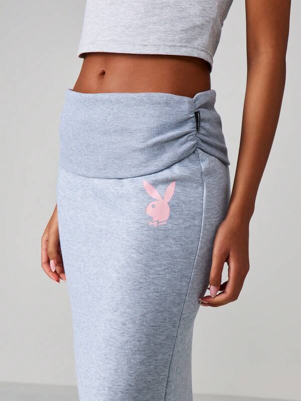 Missguided X Playboy Fold Over Waistband Maxi Skirt With Bunny Logo