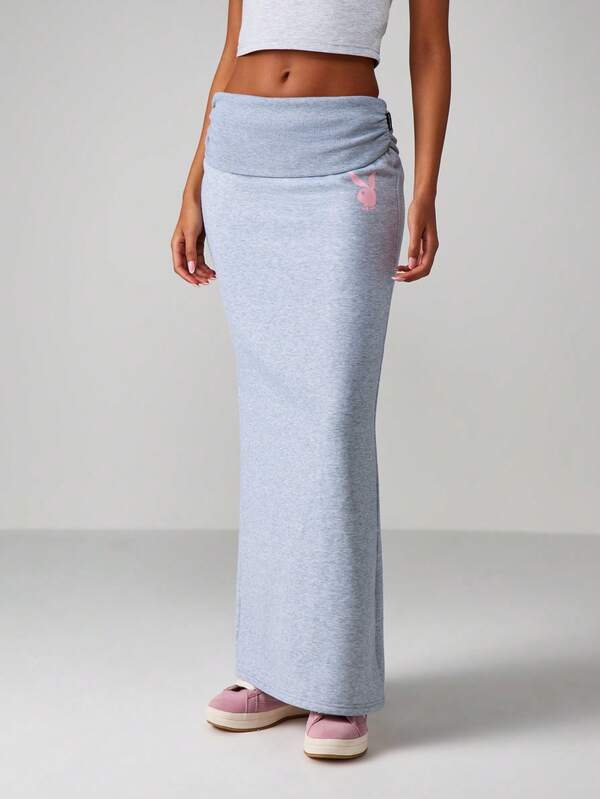 Missguided x Playboy Fold Over Waistband Maxi Skirt With Bunny Logo