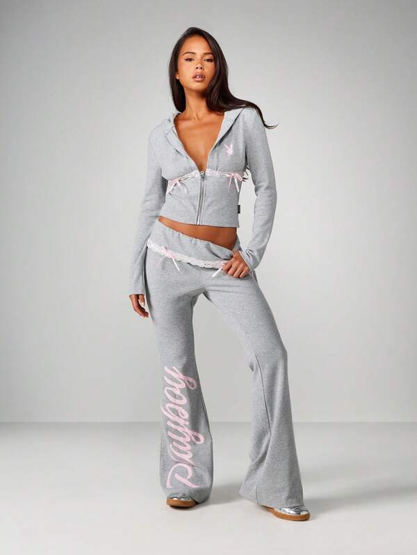 Missguided X Playboy Folded Waistband Lace Trim Flare Pants