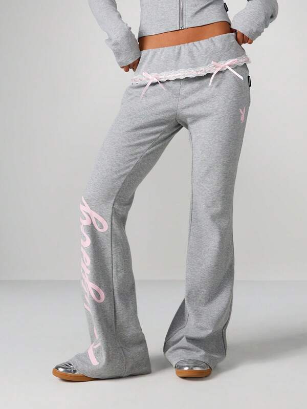 Missguided x Playboy Folded Waistband Lace Trim Flare Pants