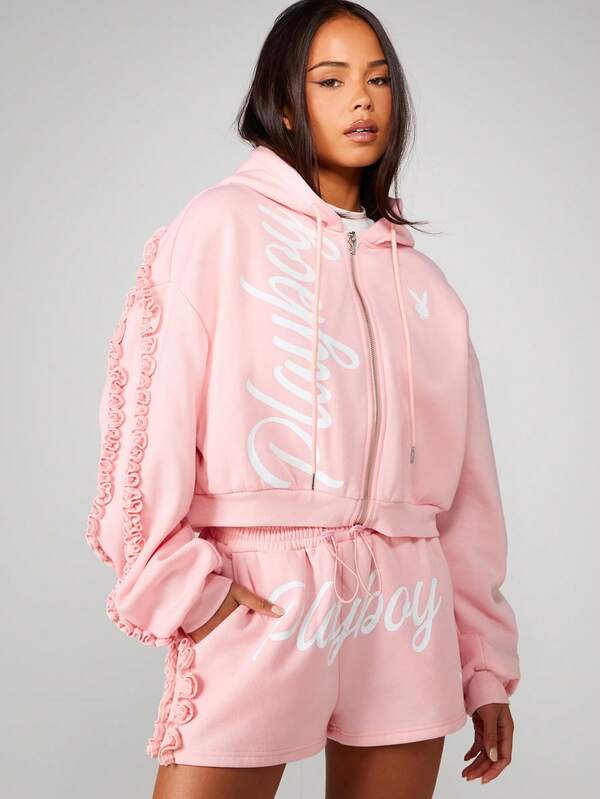 Missguided x Playboy Frill Detail Zip Through Hoodie