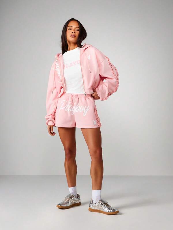 Missguided X Playboy Frilly Detail Shorts With Elastic Waistband