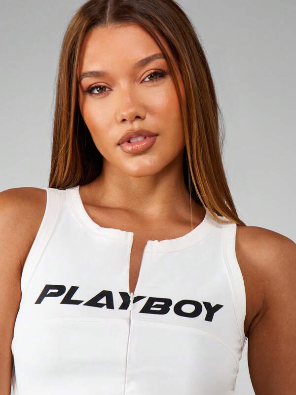 Missguided X Playboy Front Zip Racerback Tank With Logo