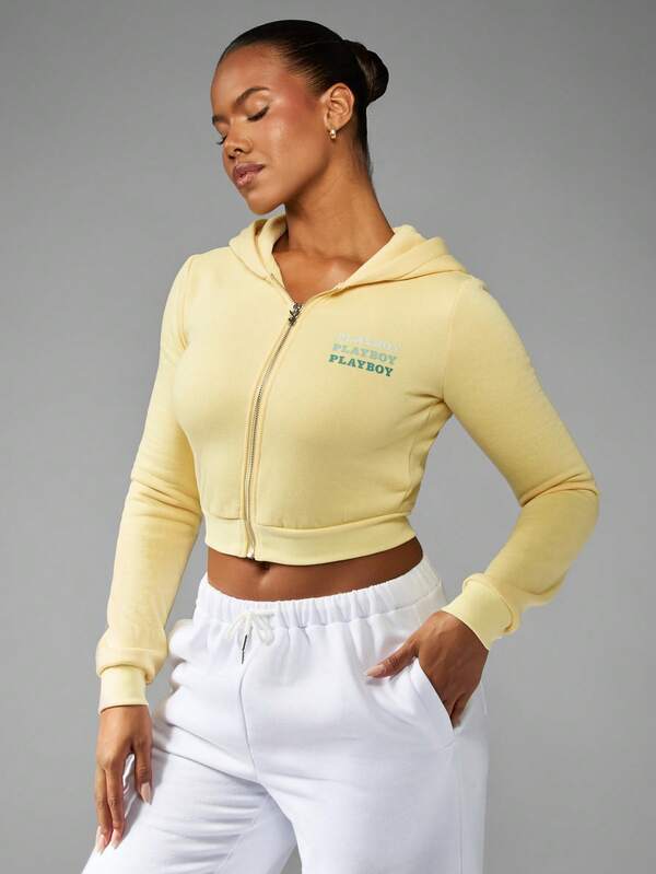 Missguided X Playboy Full Zip Cropped Hoodie With Text Logo Print