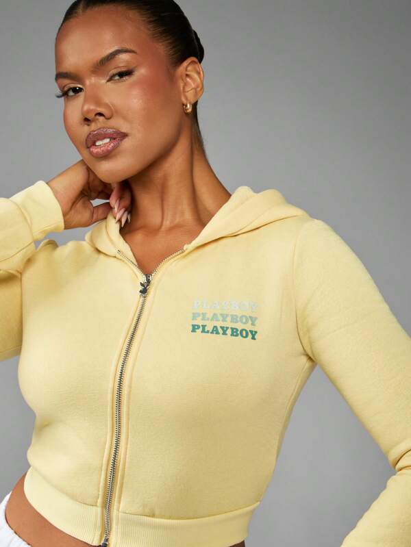 Missguided x Playboy Full Zip Cropped Hoodie With Text Logo Print