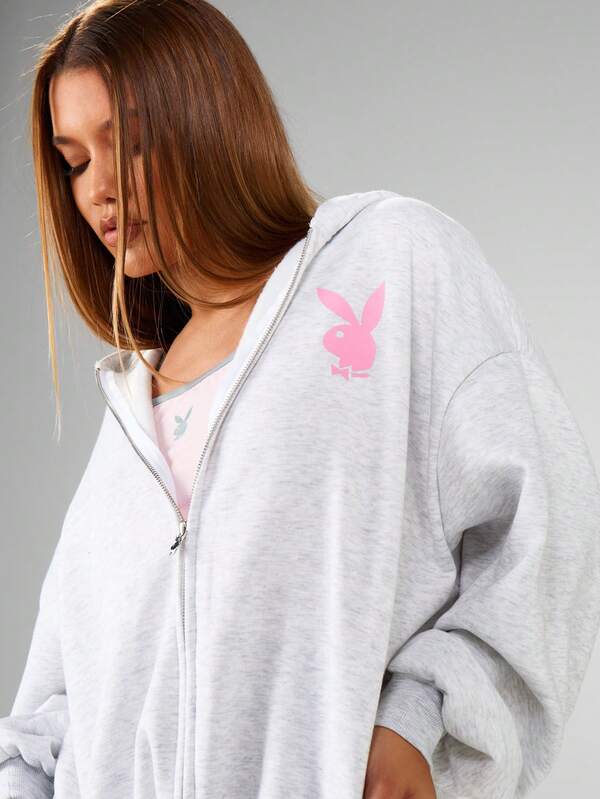 Missguided X Playboy Full Zip Hoodie With Drawstring Hood