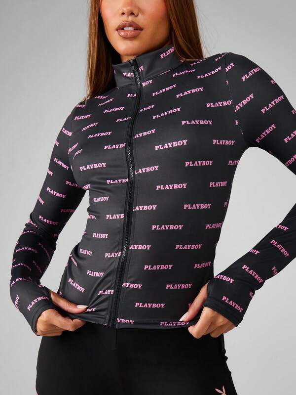 Missguided X Playboy Full Zip Mock Neck Logo Print Jacket