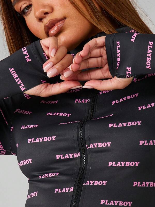 Missguided X Playboy Full Zip Mock Neck Logo Print Jacket