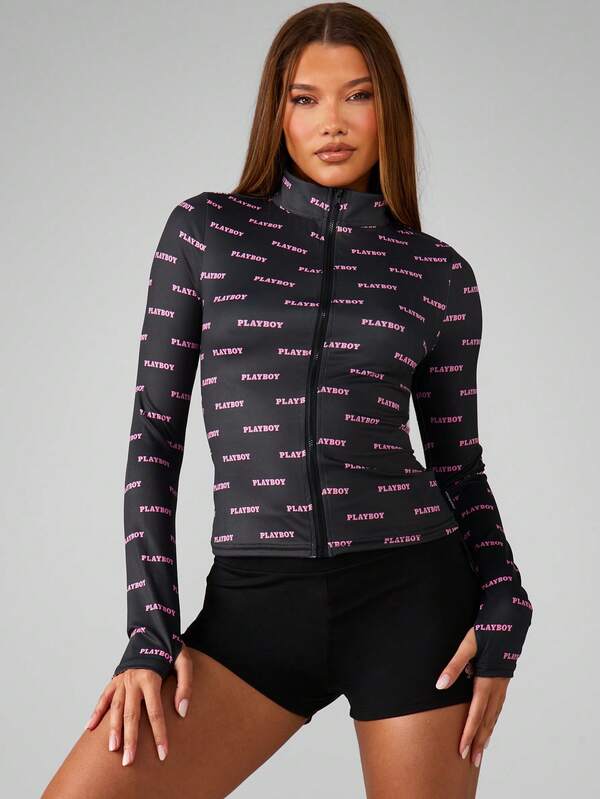 Missguided x Playboy Full Zip Mock Neck Logo Print Jacket