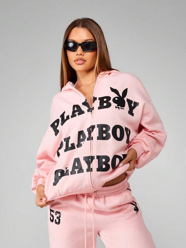 Missguided X Playboy Full Zip Oversized Hoodie With Logo Print