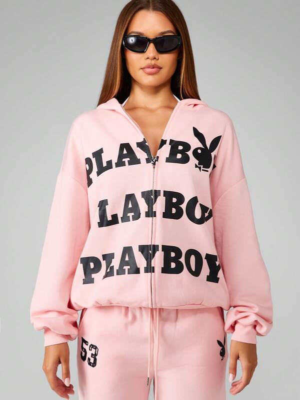 Missguided x Playboy Full Zip Oversized Hoodie With Logo Print