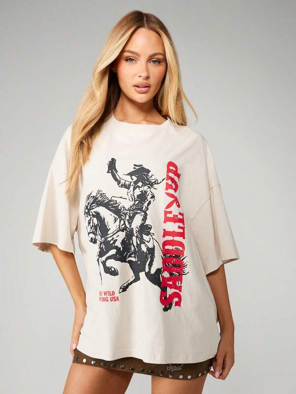 Missguided x Playboy Graphic Oversized Tee With Cowboy Print