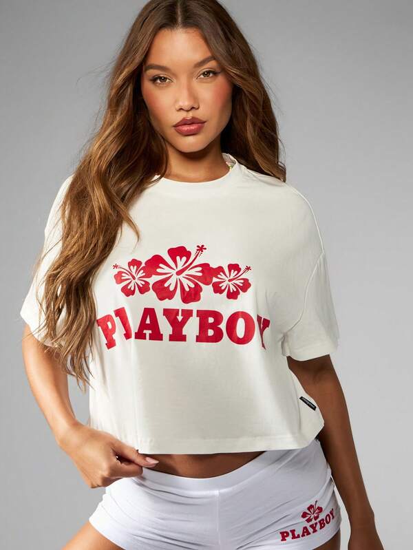 Missguided X Playboy Graphic Palm Print Crop Style T-Shirt