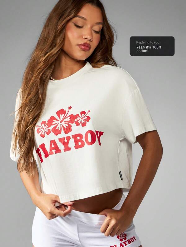 Missguided x Playboy Graphic Palm Print Crop Style T-Shirt