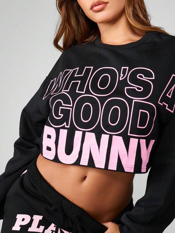 Missguided X Playboy Graphic Print Cropped Sweatshirt With Long Sleeves