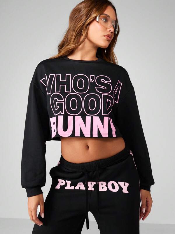 Missguided x Playboy Graphic Print Cropped Sweatshirt With Long Sleeves