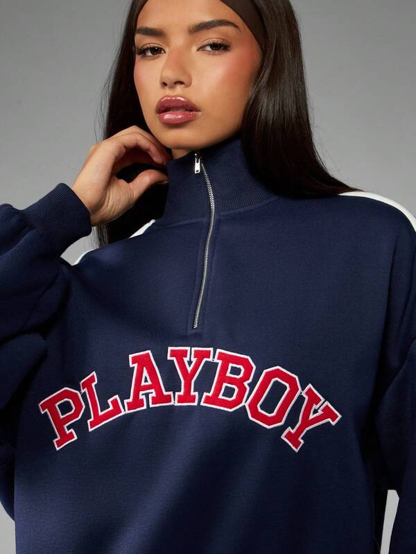Missguided X Playboy Half Zip Funnel Neck Sweatshirt With Side Stripes