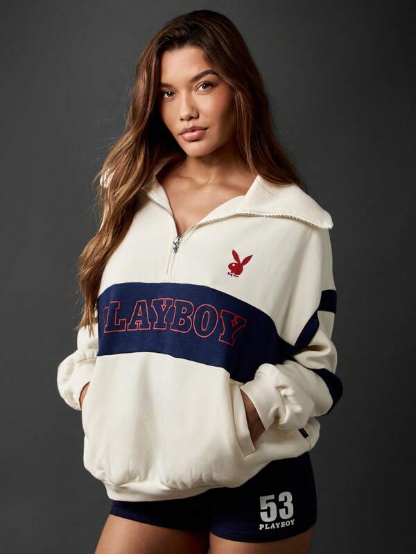 Missguided x Playboy Half Zip Retro Sports Style Pullover Sweatshirt
