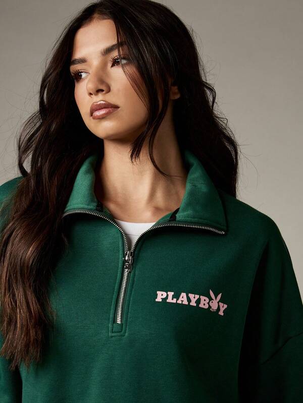 Missguided X Playboy Half Zip Sweatshirt With Contrast Logo Print