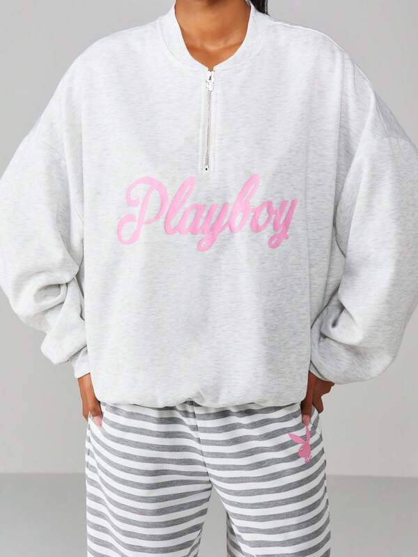 Missguided X Playboy Half Zip Sweatshirt With Script Print