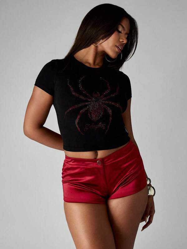 Missguided X Playboy Halloween Black Crop T-Shirt With Crystal Spider Design